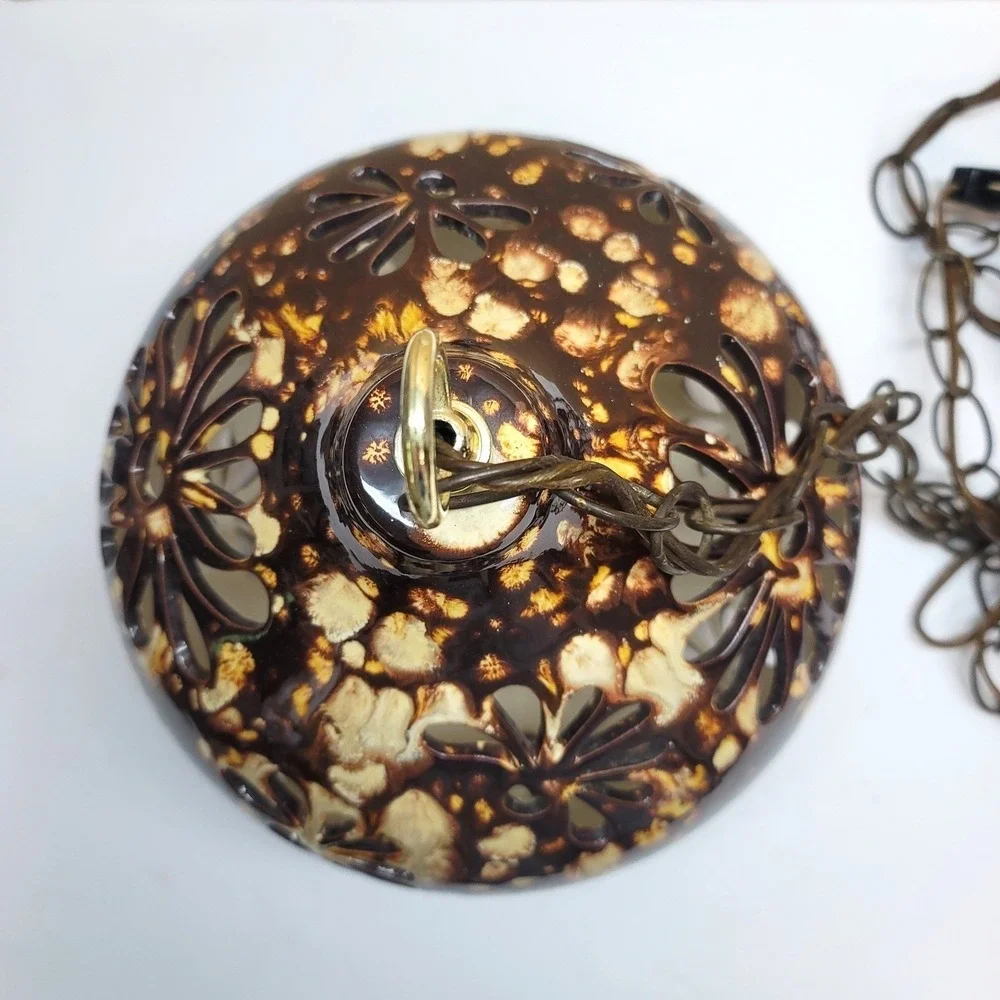 Vintage Handmade Ceramic Swag Lamp Brown‎ Drip Glaze Floral Cutout Pendant Light